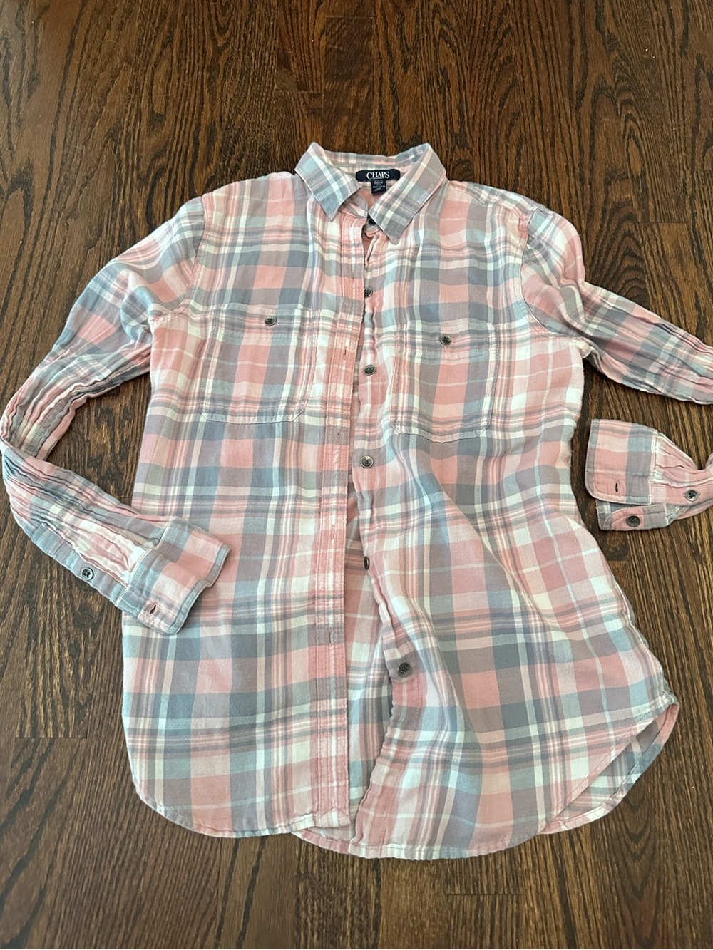 Chaps Pink and Gray Plaid 100% Cotton Button-Up Shirt Small